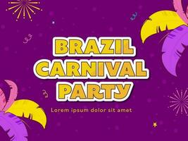 Sticker Style Brazil Carnival Party Font With Feathers And Fireworks On Purple Background. vector