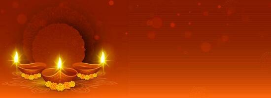 Realistic Burning Oil Lamps With Marigold Flowers, Empty Frame On Burnt Red And Orange Bokeh Blur Background. Happy Diwali Header or Banner Concept. vector