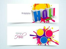 Set Of Happy Holi Celebration Banner Design With 3D Text, Water Gun  And Top View Bowls Full Of Colors. vector