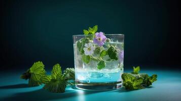 Transparent glass of fresh cocktail with mint leaves and flowers placed on surface against blue background, photo