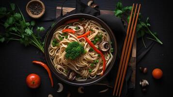 Asian noodles with vegetables and mushrooms on a dark background, top view, photo