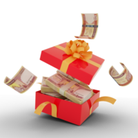 Afghan Afghanis notes inside an open red gift box. Afghan Afghani inside and flying around a gift box. 3d rendering of money inside box isolated on transparent background png