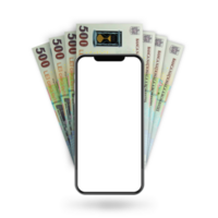 3d Illustration of Romanian leu notes behind mobile phone png