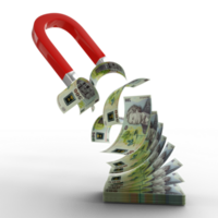 3D rendering of Horseshoe magnet attracting Romanian leu notes isolated on transparent  background. Attracting money concept. Strategy for a successful business png