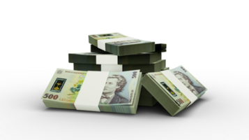 3d rendering of Stack of Romanian Leu notes. bundles of Romanian currency notes isolated on transparent background png