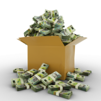 3d rendering of cardboard box full of Romanian Leu notes isolated on a transparent background png