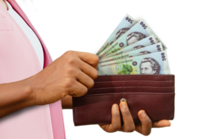 fair Female holding brown purse with Romanian Leu  notes, hand removing money out of purse isolated on transparent  background png