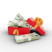 Stack of Czech Koruna notes inside an open red gift box. Bundles of Czech Koruna  inside a gift box. 3d rendering of money inside box isolated on transparent background png