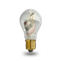 3d rendered Czech Koruna note inside transparent light bulb, creative thinking. Making money by solving problem. Having idea concept png