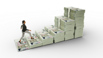 Business woman climbing stairs made of Czech Koruna notes. 3D rendering of money arranged in the shape of a financial growth graph icon. Business growth concept png