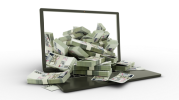 3D rendering of Venezuelan bolivar notes coming out of a Laptop monitor isolated on transparent background. stacks of Koruna notes inside a laptop. money from computer, money from laptop png