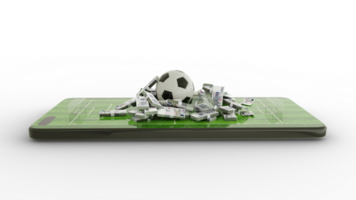 3d representación de móvil teléfono fútbol apuesta. fútbol americano y checo corona notas en teléfono pantalla. fútbol campo en teléfono inteligente pantalla aislado en transparente antecedentes. apuesta y ganar concepto png