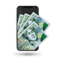 3d Illustration of Czech Koruna notes inside mobile phone png