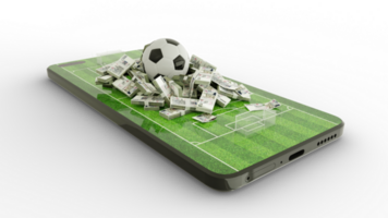 3d rendering of Mobile phone Soccer betting. Football and Czech Koruna notes on phone screen. Soccer field on smartphone screen isolated on transparent background. bet and win concept png