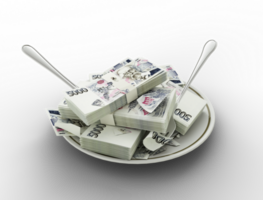 3D rendering of Czech Koruna notes on plate. Money spent on food concept. Food expenses, expensive meal, spending money concept. eating money, misuse of money png