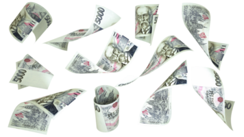 3D rendering of 5000 Czech Koruna notes flying in different angles and orientations isolated on transparent background png