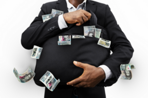 Black Businessman holding black bag full of Eastern Caribbean dollar notes isolated on transparent background, money falling from bag png