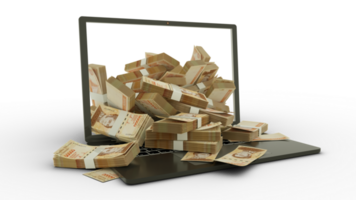 3D rendering of Venezuelan bolivar notes coming out of a Laptop monitor isolated on transparent background. stacks of Bolivar notes inside a laptop. money from computer, money from laptop png