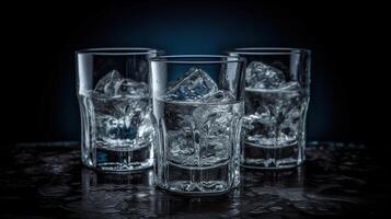 Vodka. Shots, glasses with vodka with ice. Dark background. photo