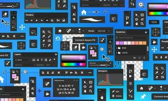 Background of photo processing tools . Tool Blocks. Raster graphic editor. Designer bg. Set of icons and tools for the designers vector