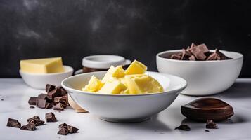 Bowl with butter and ingredients for preparing chocolate brownie on white background, photo