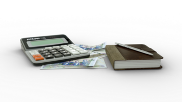 3D rendering of an isolated composition of 5000 Albanian lek notes, a calculator, a note book and a pen. front view png