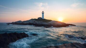 Lighthouse in blue ocean at sunset landscape, photo