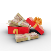 Stack of Afghan Afghanis notes inside an open red gift box. Bundles of Afghan Afghanis inside a gift box. 3d rendering of money inside box isolated on transparent background png