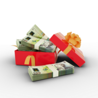 Romanian leu notes inside an open red gift box. Romanian leu inside . 3d rendering of money inside box isolated on transparent background png