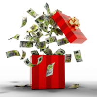 3D rendering of A lot of Romanian leu notes coming out of an opened red gift box png