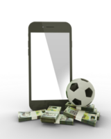 3D rendering of a mobile phone with soccer ball and stacks of Romanian Leu notes isolated on transparent background. png