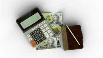 3D rendering of an isolated composition of Romanian Leu notes, a calculator, a note book and a pen png