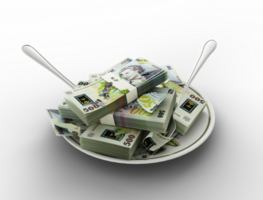 3D rendering of Romanian Leu notes on plate. Money spent on food concept. Food expenses, expensive meal, spending money concept. eating money, misuse of money png