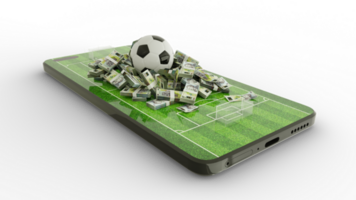 Soccer betting concept. Football and Romanian Leu notes on phone screen. Soccer field on smartphone screen isolated on transparent background. bet and win concept. 3d rendering png