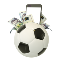 3d rendering of Romanian Leu notes and phone behind soccer ball. Sports betting, soccer betting concept isolated on transparent background. mockup png