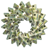 3d rendering of stacks of Romanian Leu arranged in a circular pattern. png