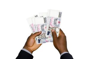 Black Hands in suit holding 3D rendered Czech Koruna notes png