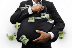 Black Businessman holding black bag full of Romanian leu notes isolated on transparent background, money falling from bag png