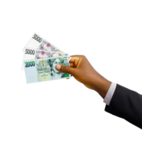 Black hand with suit holding 3D rendered Czech Koruna notes isolated on transparent background png