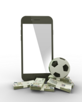 3D rendering of a mobile phone with soccer ball and stacks of Czech Koruna notes isolated on transparent background. png