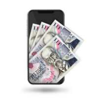 3d Illustration of Czech Koruna notes inside mobile phone png