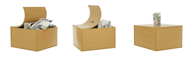 Czech Koruna notes inside an open wooden savings box. set of savings concept. Generic Piggy Bank, Penny Bank, Money Box. 3d rendering png