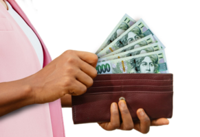 fair Female Hand Holding brown Purse With Czech Koruna notes, hand removing money out of purse isolated on transparent background png