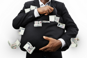 Black Businessman holding black bag full of Czech Koruna notes isolated on transparent background, money falling from bag png