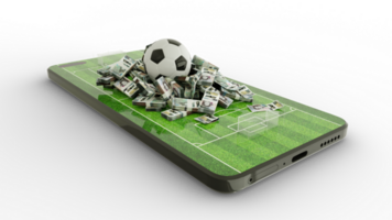 3d rendering of Mobile phone Soccer betting. Football and East Caribbean Dollar notes on phone screen. Soccer field on smartphone screen isolated on transparent background. bet and win concept png