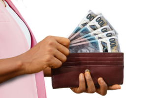 fair Female Hand Holding brown Purse With East Caribbean Dollar notes, hand removing money out of purse isolated on transparent background png