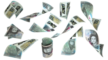 3D rendering of new 100 Eastern Caribbean dollar notes flying in different angles and orientations isolated on transparent background png