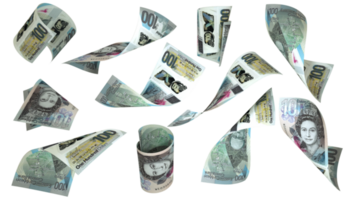 3D rendering of new 100 Eastern Caribbean dollar notes flying in different angles and orientations isolated on transparent background png