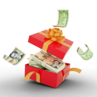 Cuban peso notes inside an open red gift box. Cuban pesos inside and flying around a gift box. 3d rendering of money inside box isolated on transparent background png