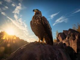 un águila con dorado plumas y azul ojos en pie en un roca, el Dom detrás el nubes en el azul cielo, sombra de el águila en el suelo, generativo ai foto